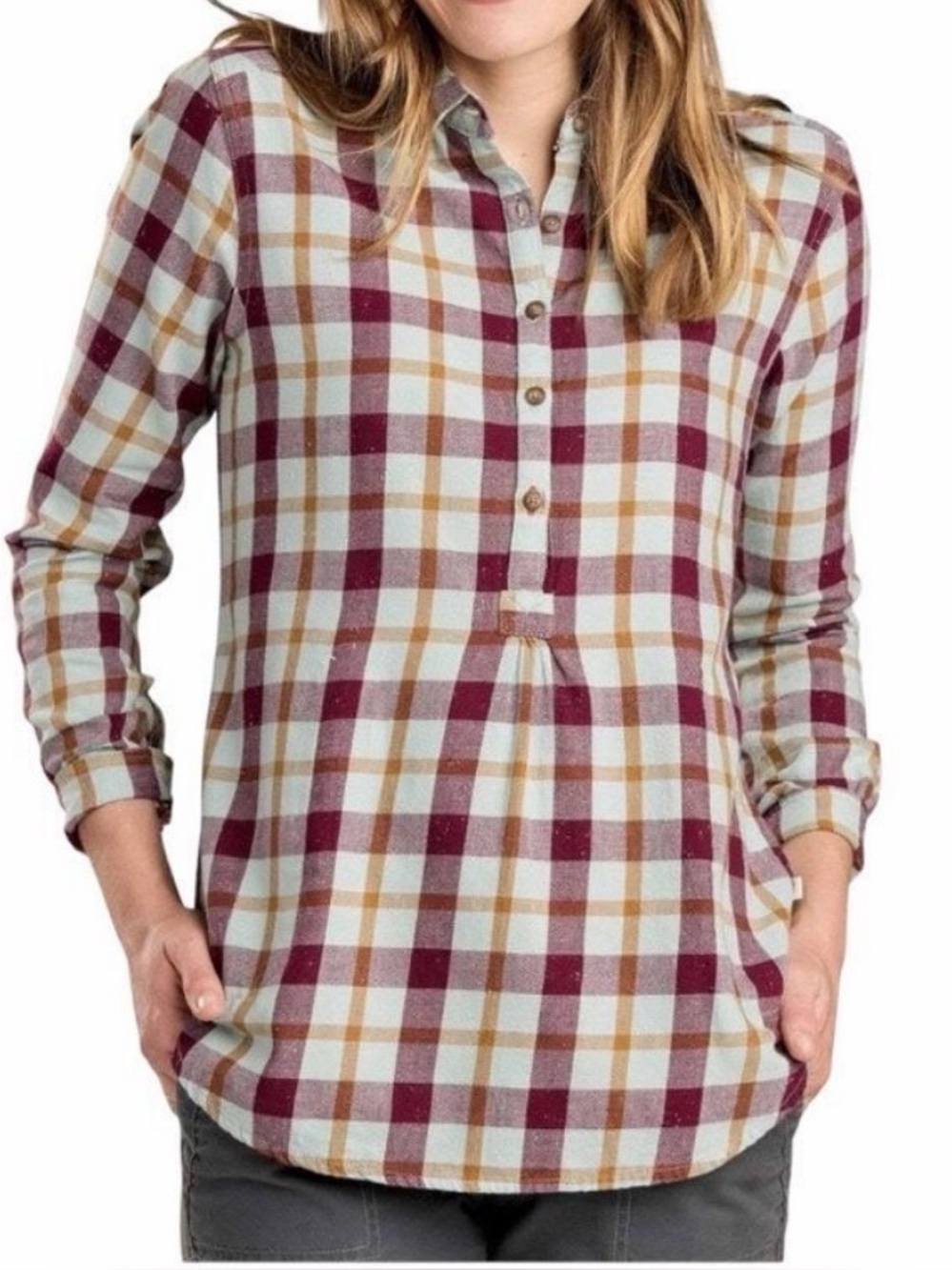 Toad &Co Dolcetto Flannel Tunic Top Shirt Granola Outdoors Blue Purple Women’s M